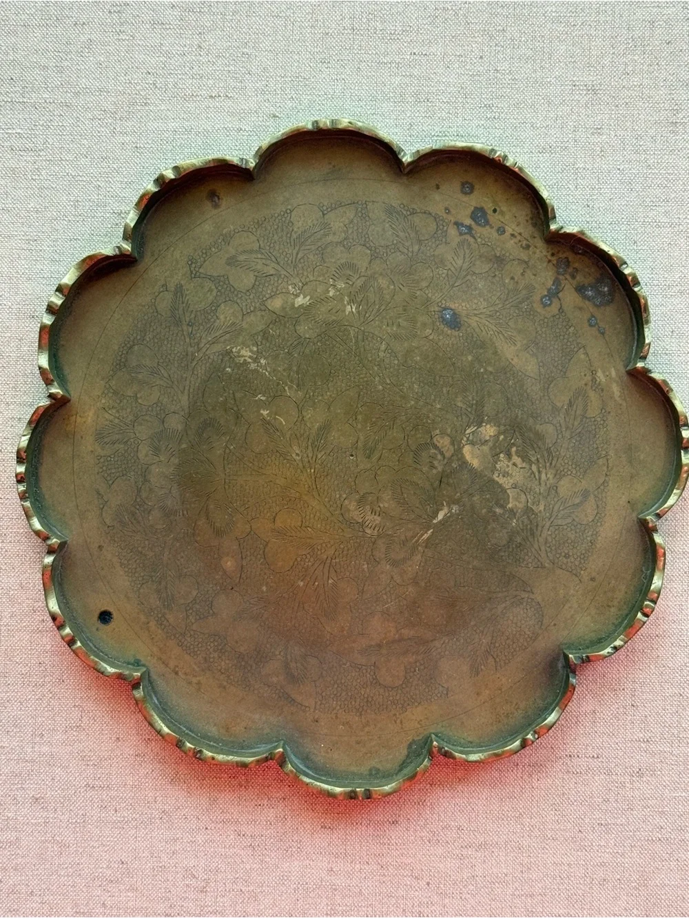 Vintage Chinese Engraved Brass Floral Tray | Scalloped Edge | China